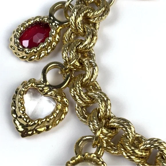 Vintage 80s Givenchy Lucite Charm Bracelet Chunky Heart Goldtone Runway SZ 6-3/4 - Picture 9 of 16